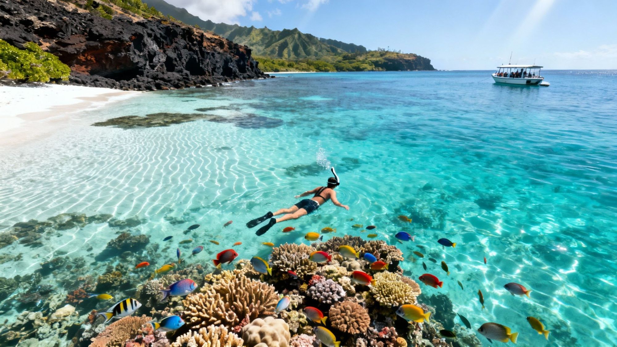 Snorkeler swims near coral reef with colorful fish in clear blue waters, boat in background.