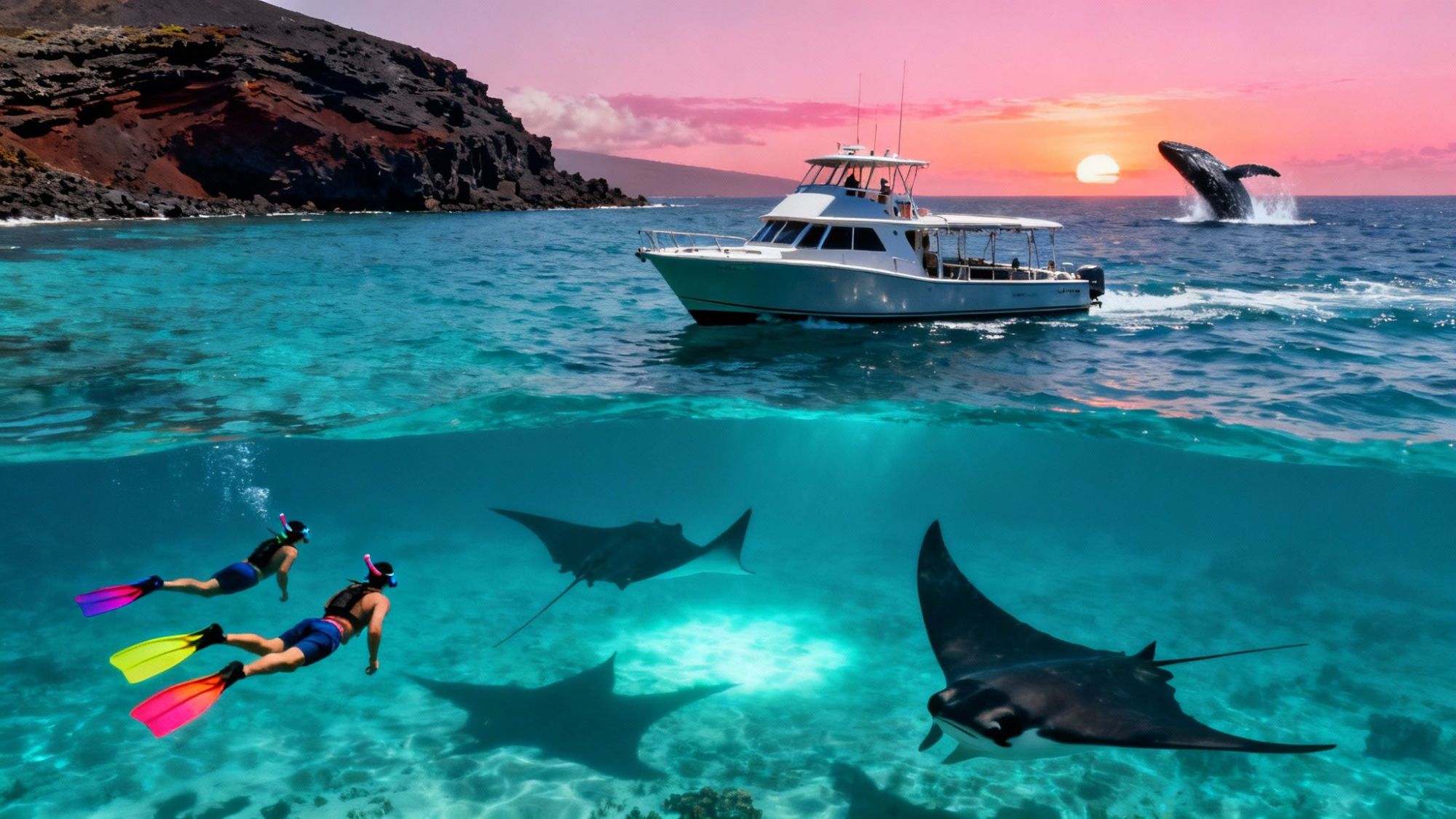 Snorkelers and manta rays underwater, boat above, whale jumping at sunset.