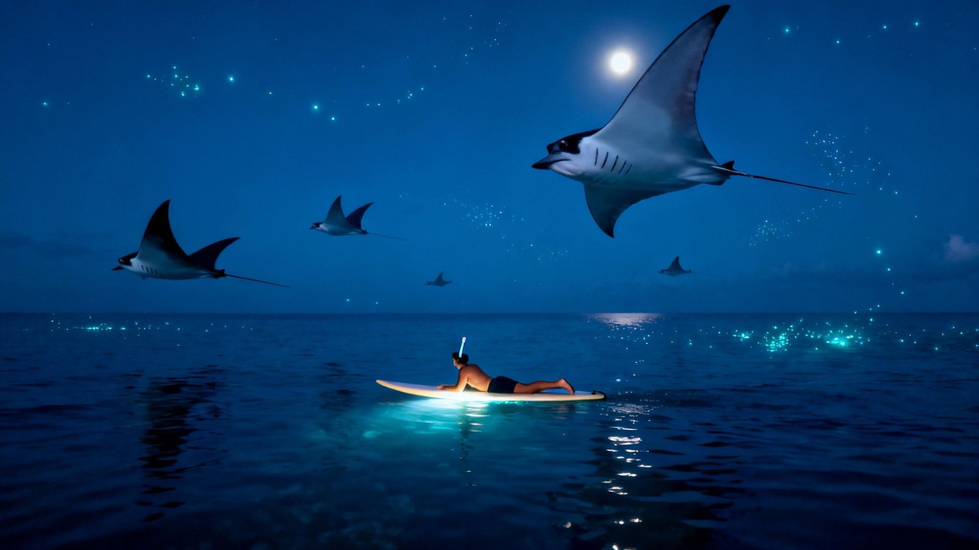 Person on glowing surfboard under moonlit sky with flying manta rays.