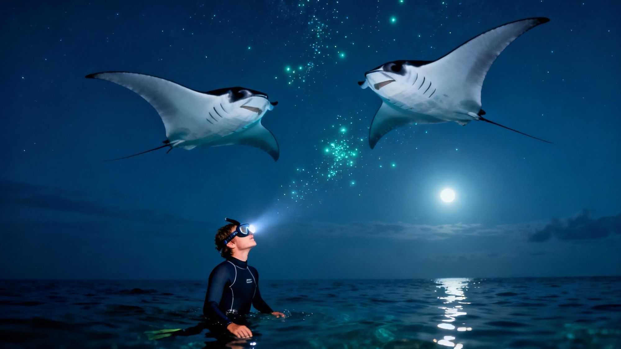 Diver with headlamp looks at two manta rays flying above ocean under a starry night sky with full moon.