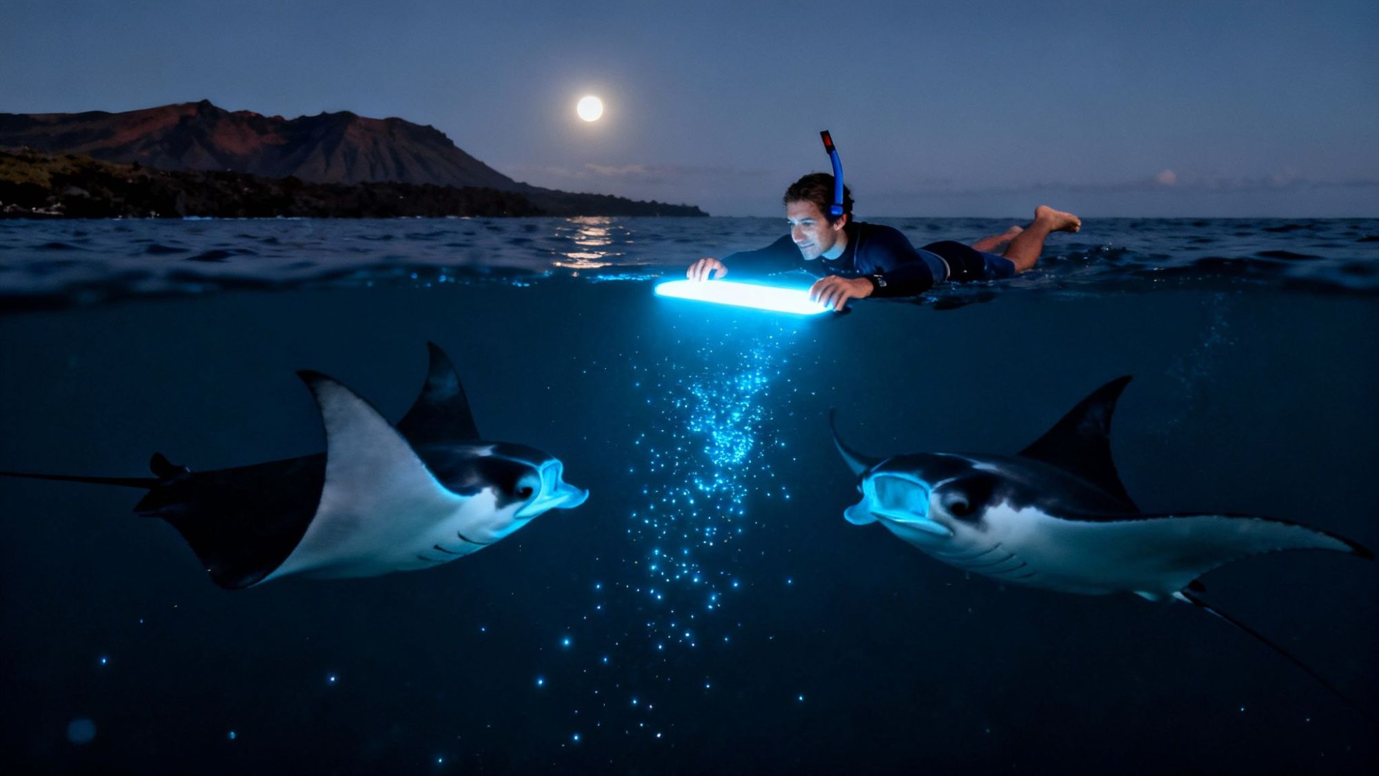 Snorkeler with light surrounded by manta rays at night under a full moon.