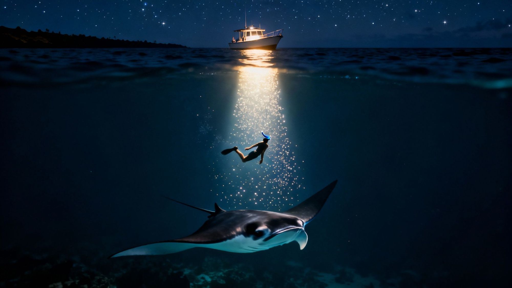 Diver illuminated by boat's light swims near manta ray at night.