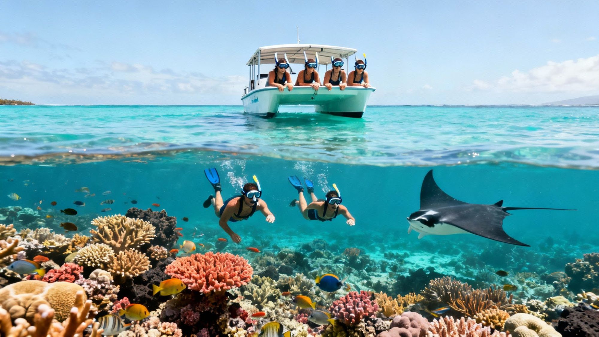 Snorkelers swim near colorful coral reef and manta ray, with people on a boat above.