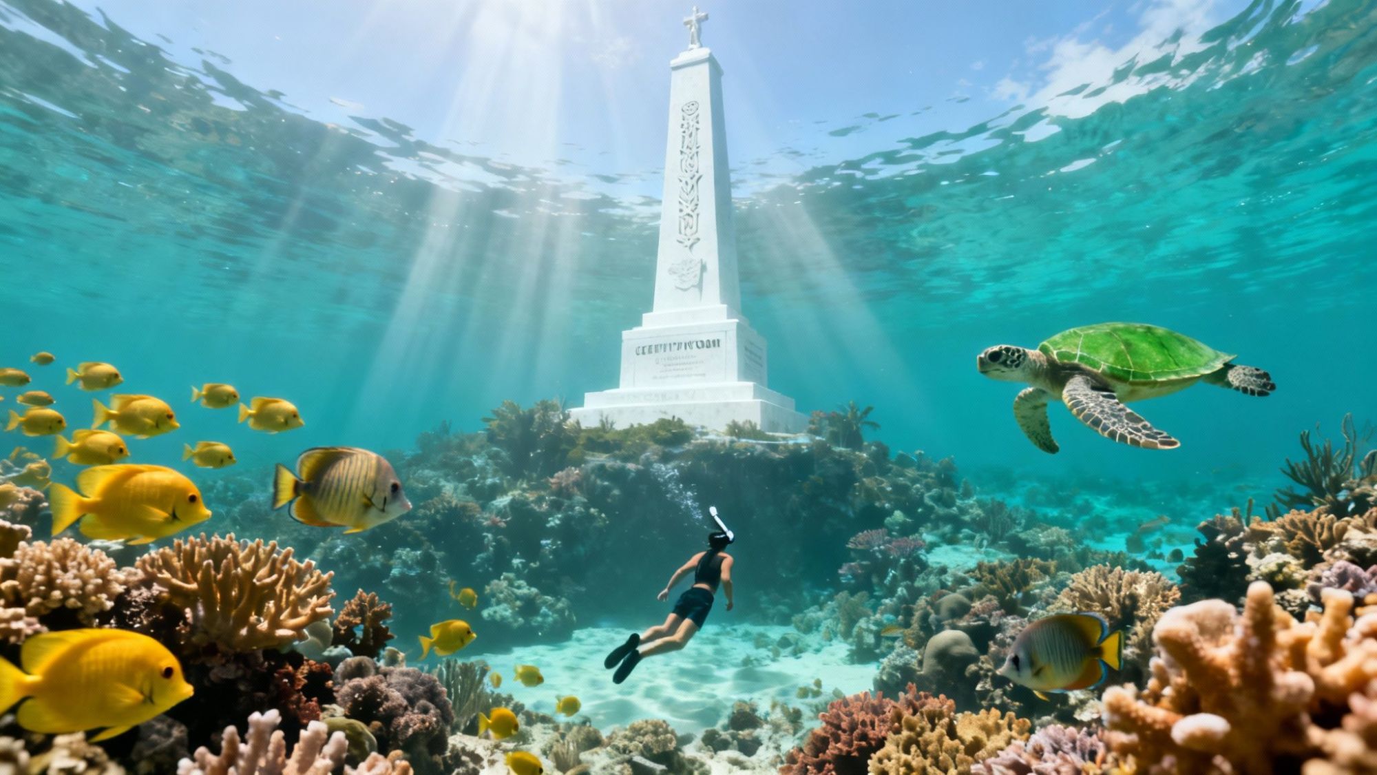 Snorkeler, fish, turtle near an underwater monument surrounded by coral reefs.