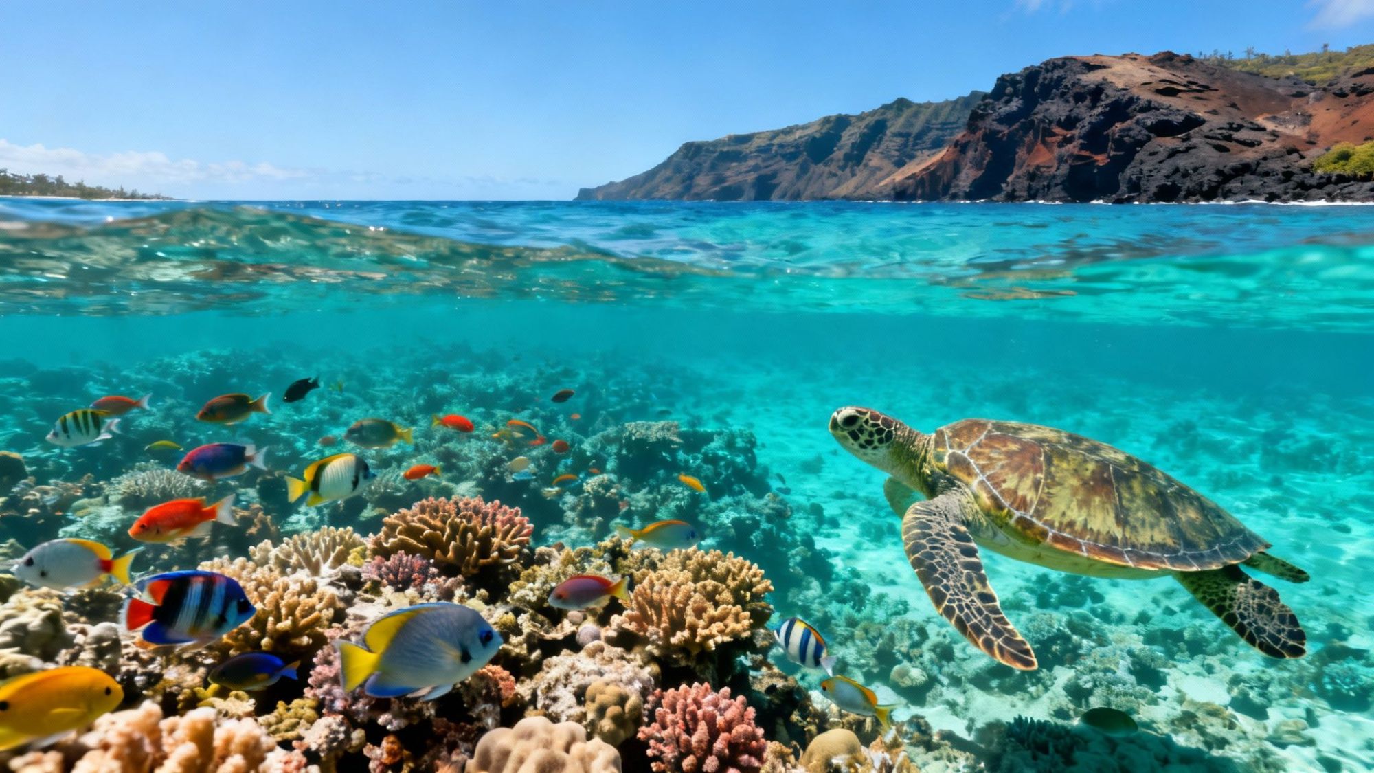 Underwater scene with a sea turtle, colorful fish, coral reef, and distant mountains above the waterline.