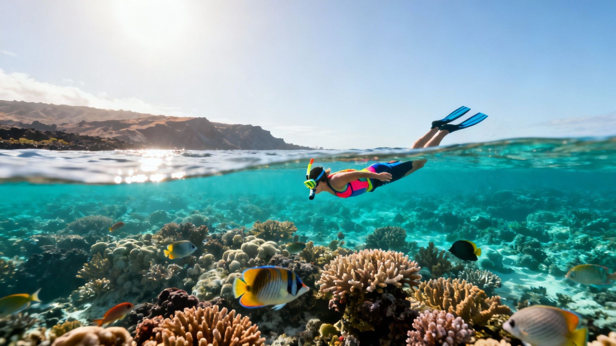 Person snorkeling above coral reef with colorful fish, clear water, and sunny sky.