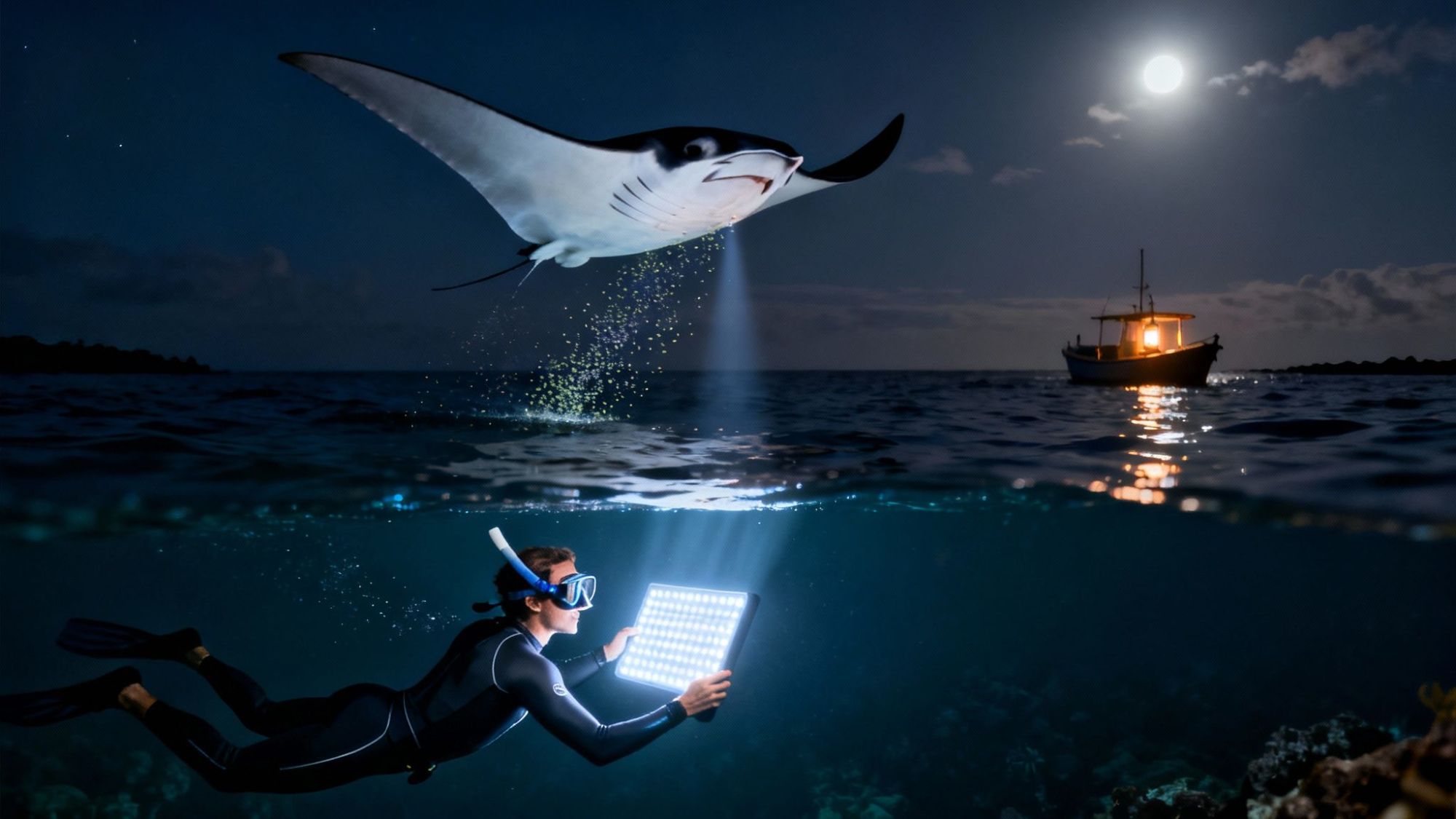 Diver with light panel under water, manta ray above, moonlit boat in background.