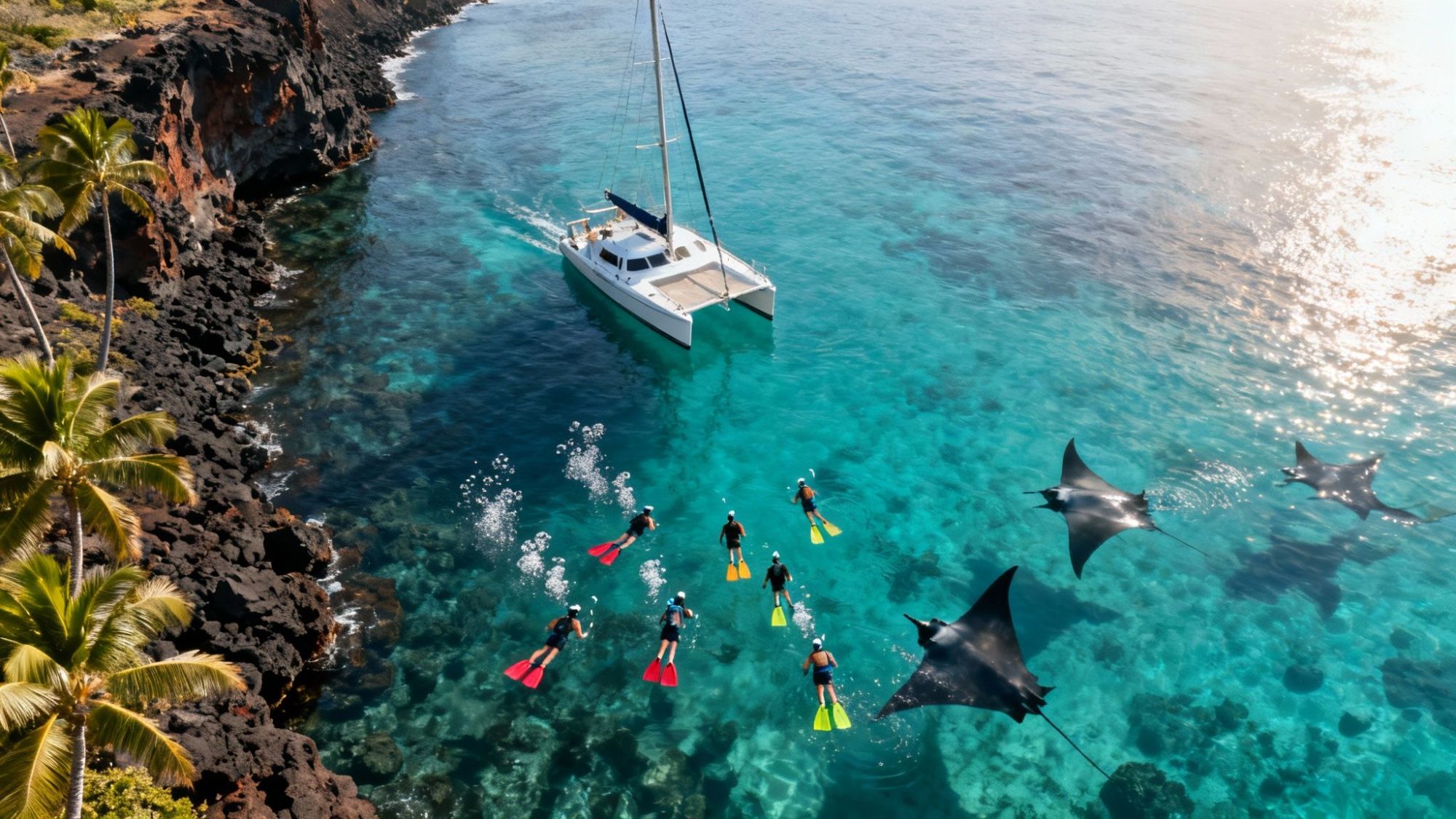 Snorkelers near a sailboat with manta rays in clear blue water, rocky shore with palm trees.