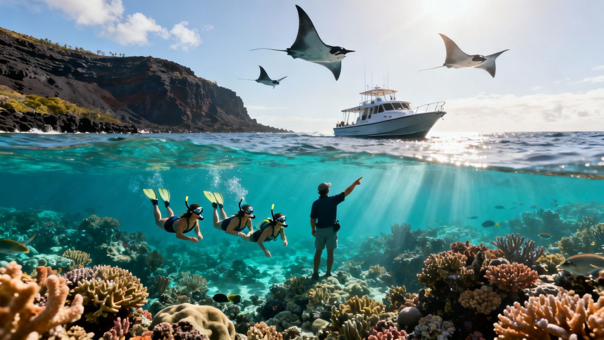 Snorkelers near coral reef with rays overhead and boat in the distance.
