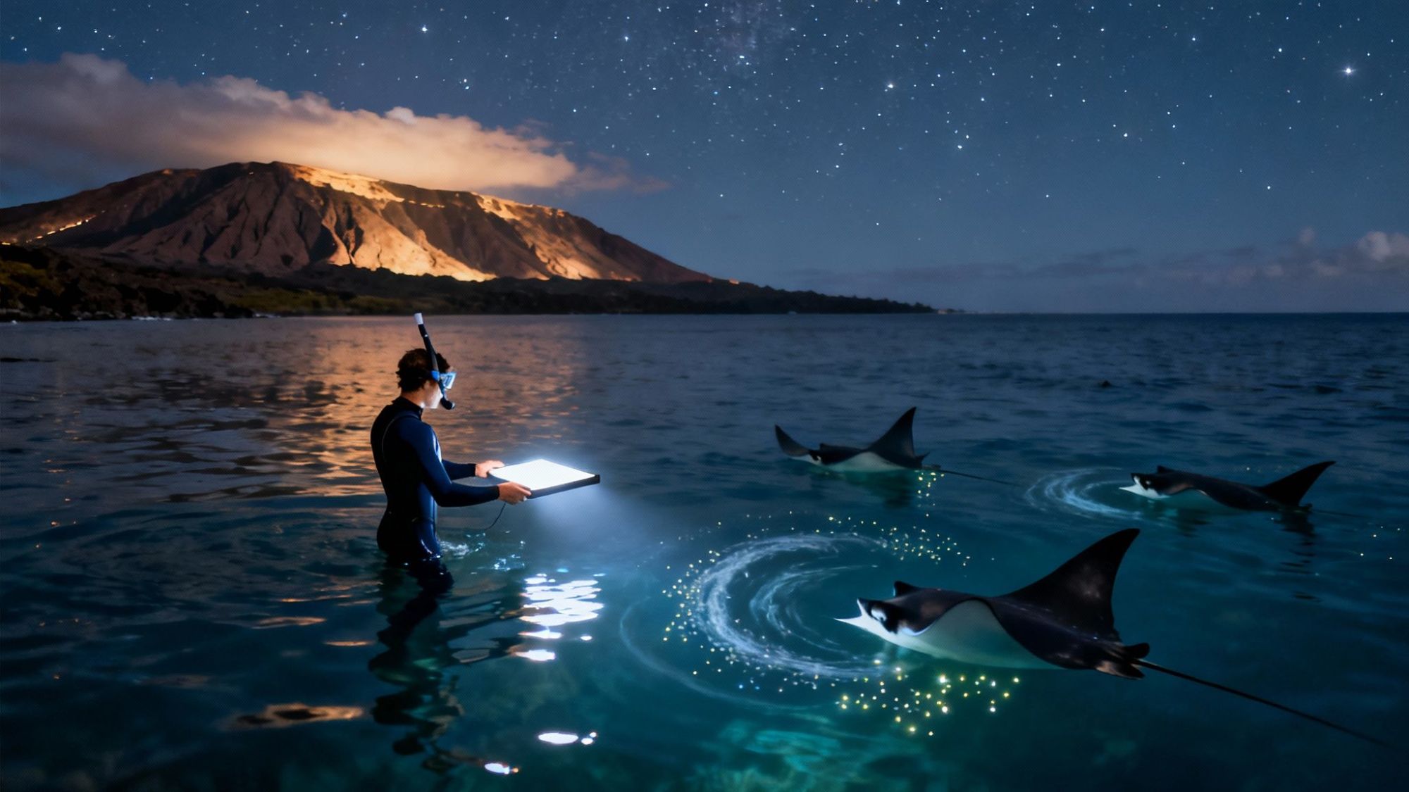 Person snorkeling at night with a light, surrounded by manta rays in illuminated water, under a starry sky.