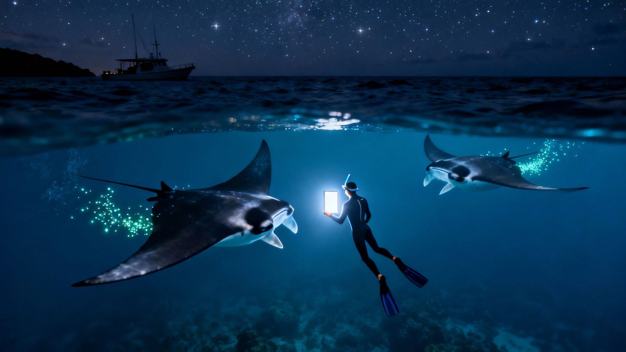 Diver with a tablet swimming with manta rays under a starry sky at night.