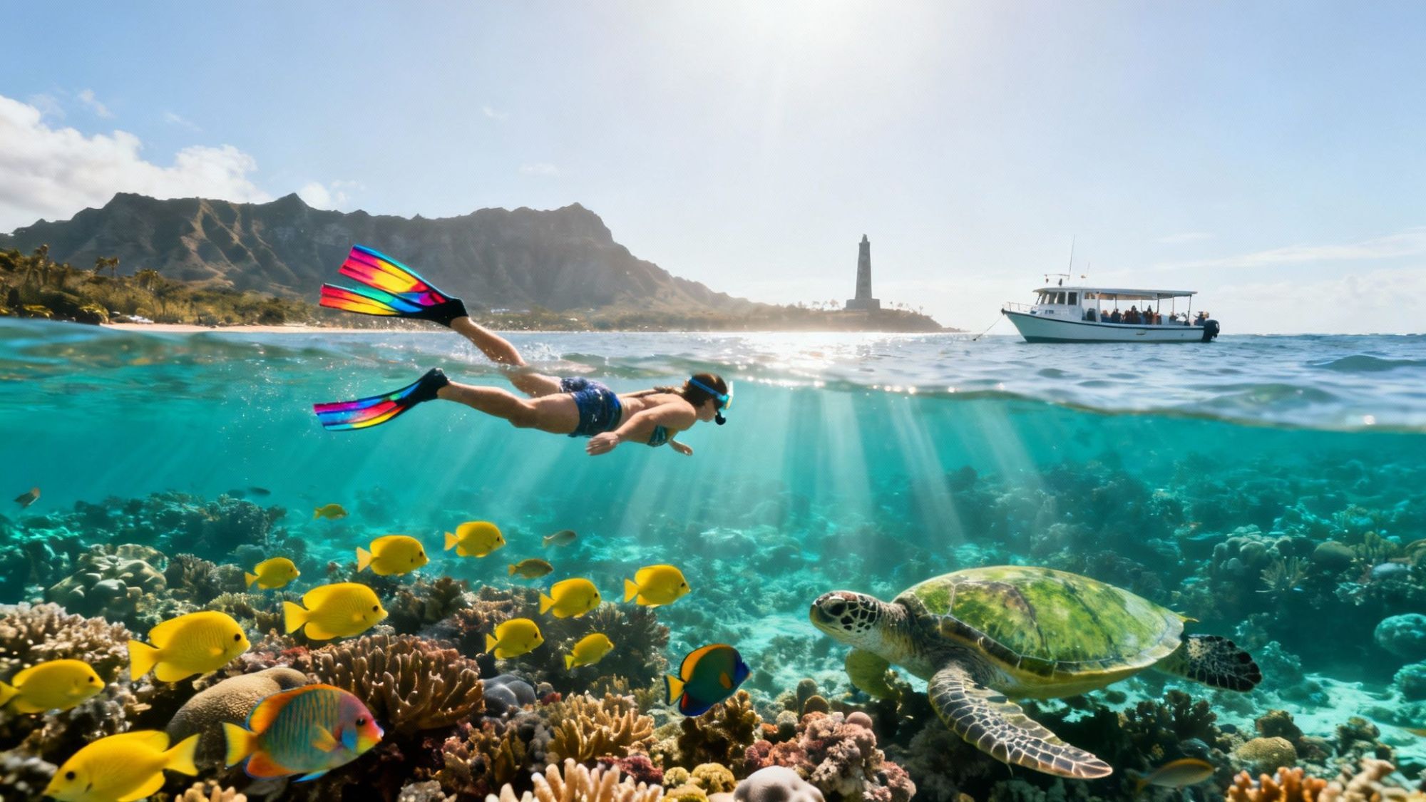 Snorkeler with rainbow fins swims above coral reef with fish and sea turtle; boat and mountain in background.