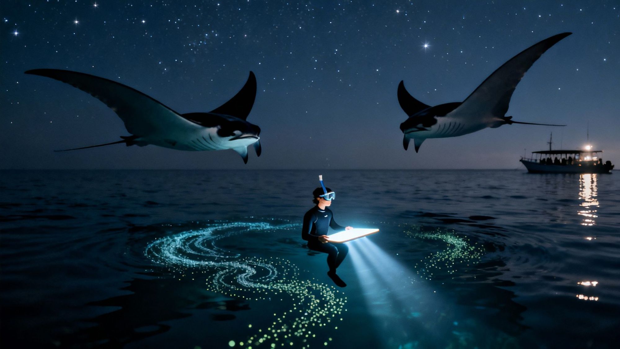 Person snorkeling at night with illuminated board, surrounded by bioluminescent water and manta rays.