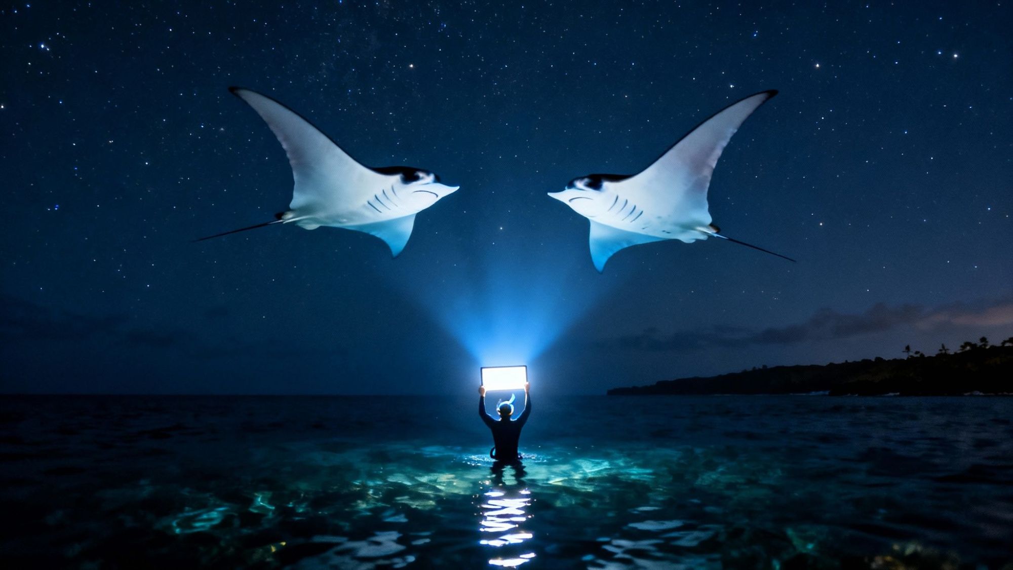 Two manta rays swim over a person holding a glowing tablet at night under a starry sky.