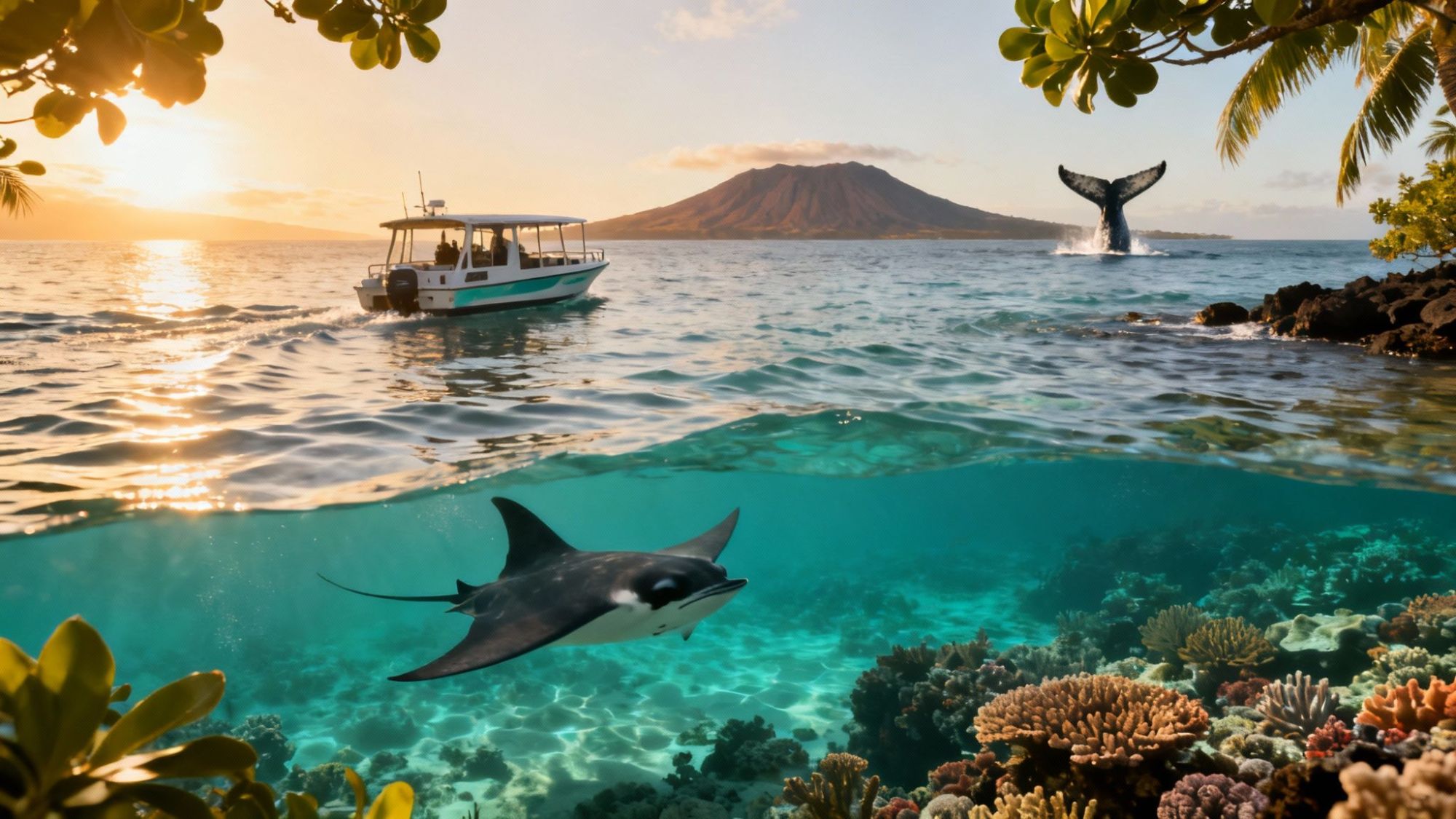 Split view of ocean with manta ray underwater, boat above, and a whale tail breaching in sunset.