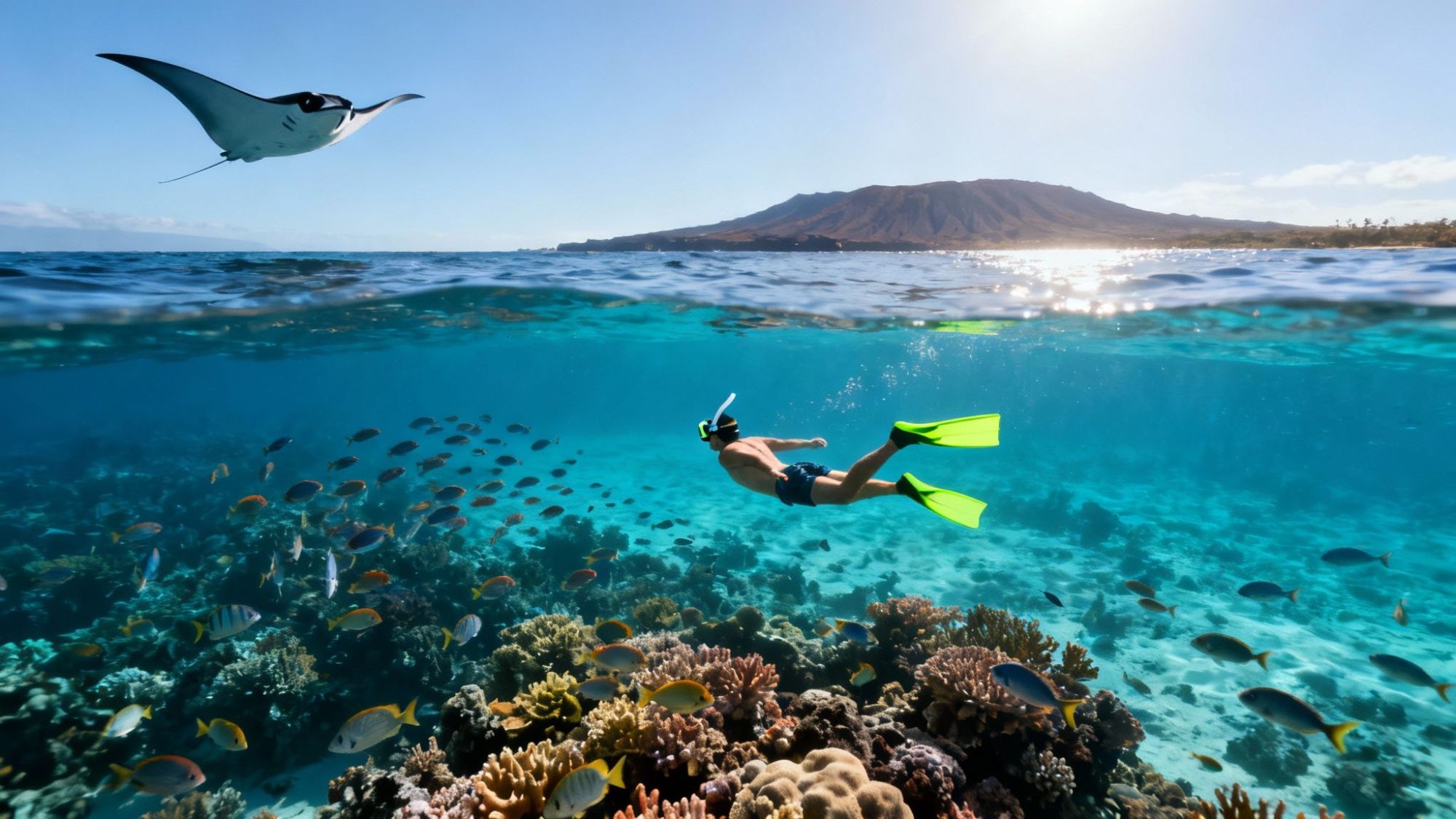 Snorkeler with green fins swims over coral reef, with fish and a ray, mountain in background.