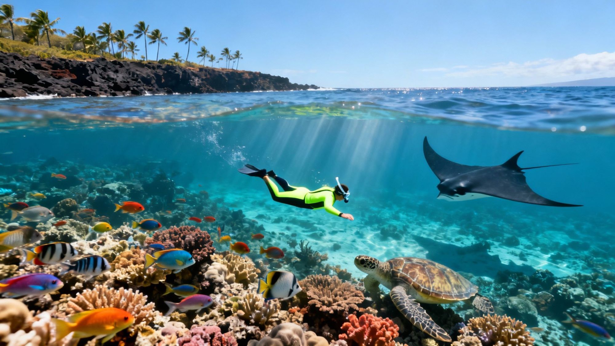 Snorkeler swims near coral reef with colorful fish, turtle, and manta ray, palm trees in background.