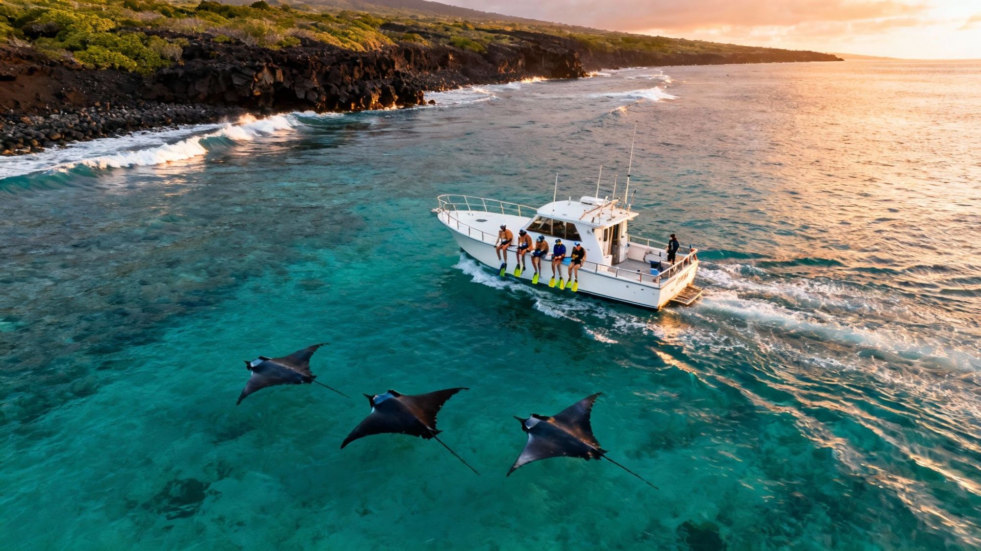 Boat with divers and three manta rays in clear ocean water near rocky coastline at sunset.