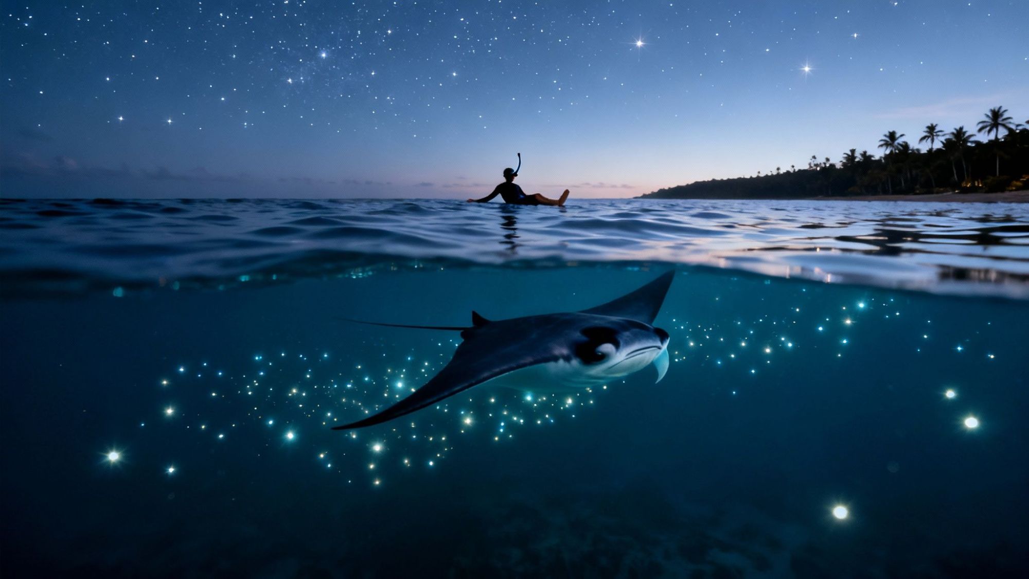 Person swimming above water with manta ray and bioluminescence below under a starry sky.