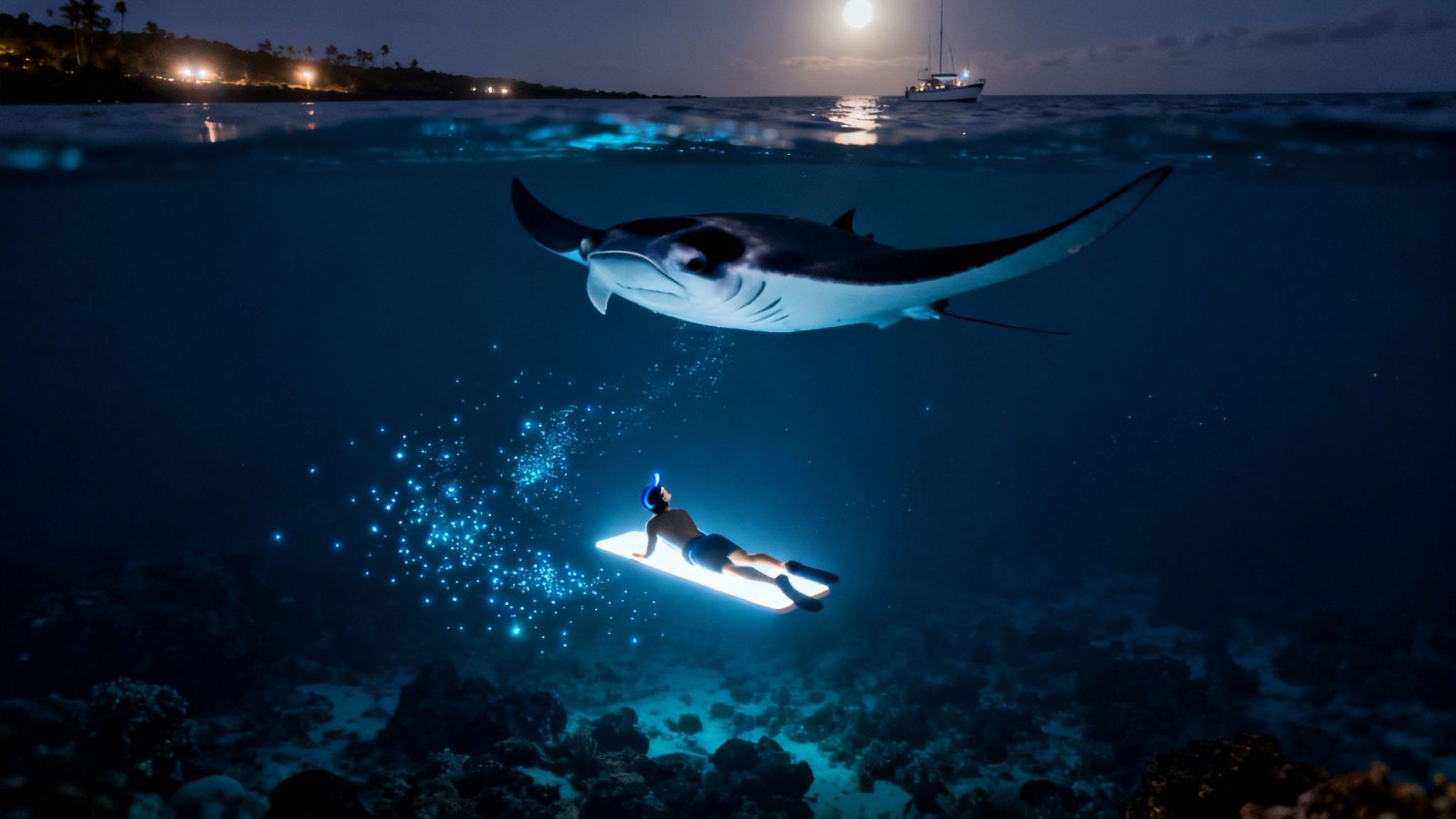 Snorkeler under a manta ray at night with moonlit ocean and boat.