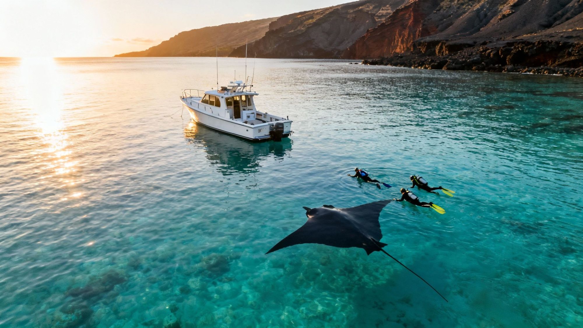 Divers swim near a manta ray by a boat in clear, turquoise waters at sunset with rocky cliffs in the background.