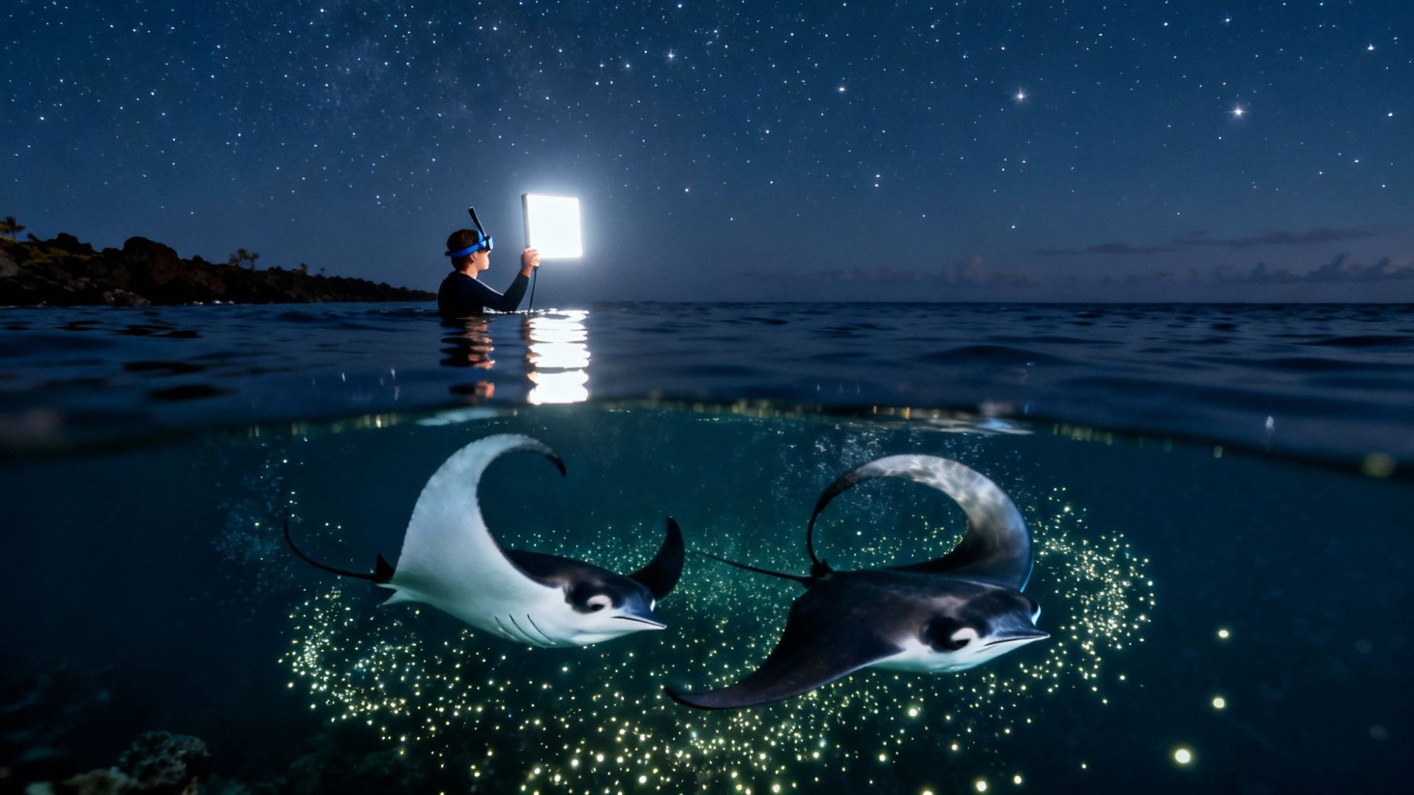 Person with light above water and two manta rays below glowing in ocean at night.