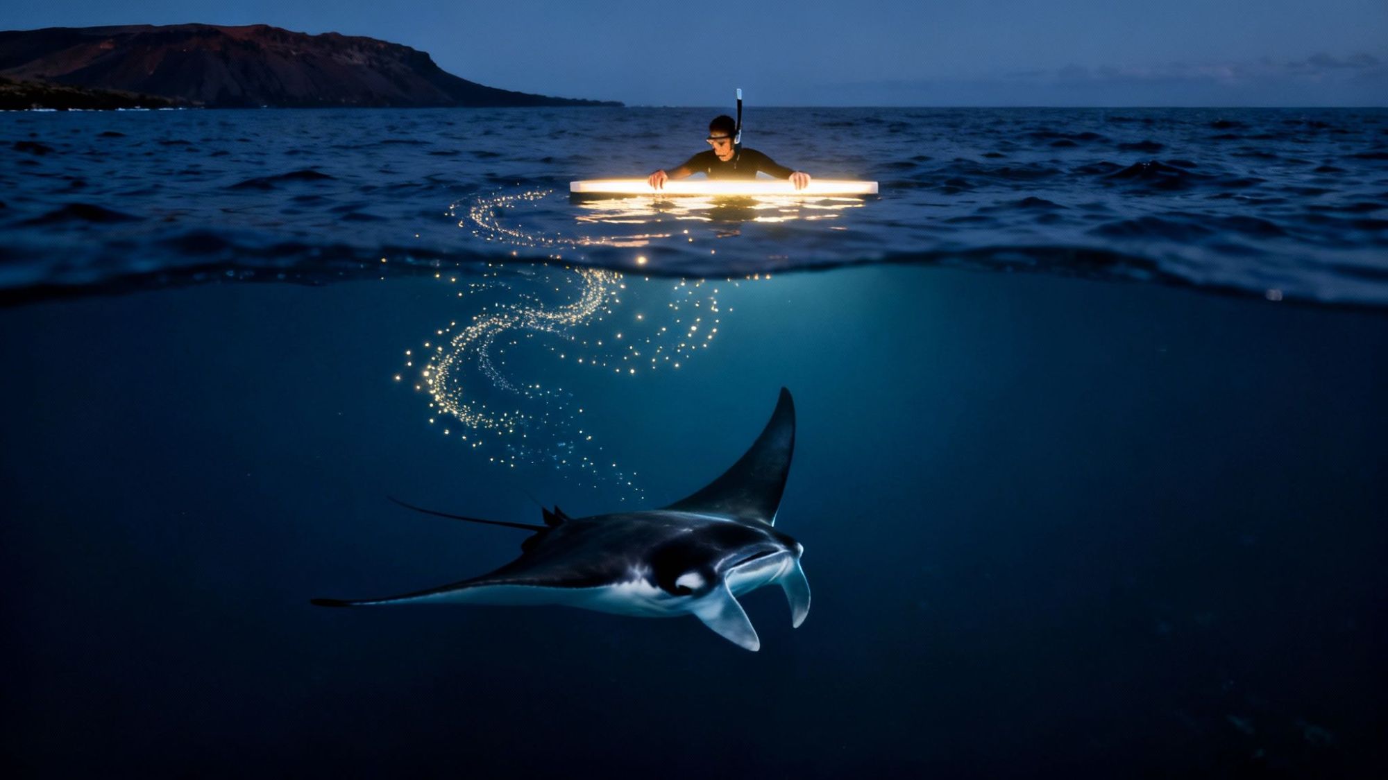 Snorkeler with light above water, manta ray below, glowing particles in between.