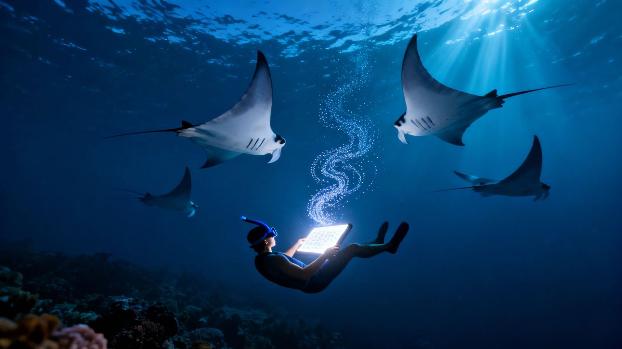 Diver reads glowing tablet underwater, surrounded by four manta rays in blue ocean light.