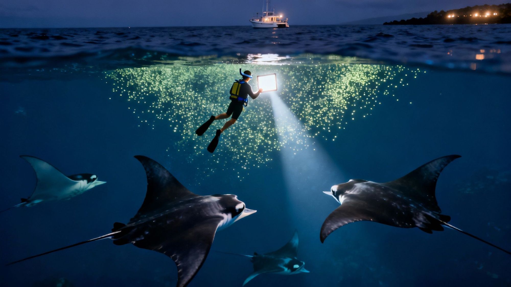 Night diver with light surrounded by manta rays and underwater bubbles, with a boat above.