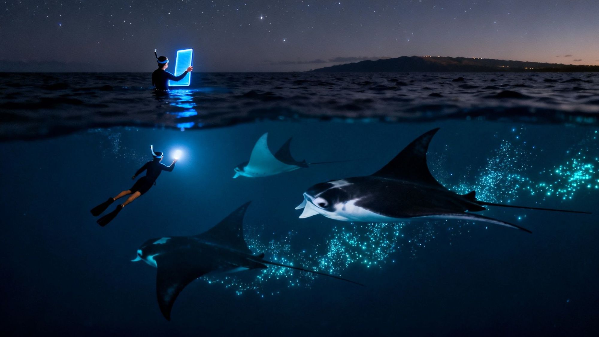Nighttime snorkeler with tablet, diver with flashlight below observing manta rays in glowing water.