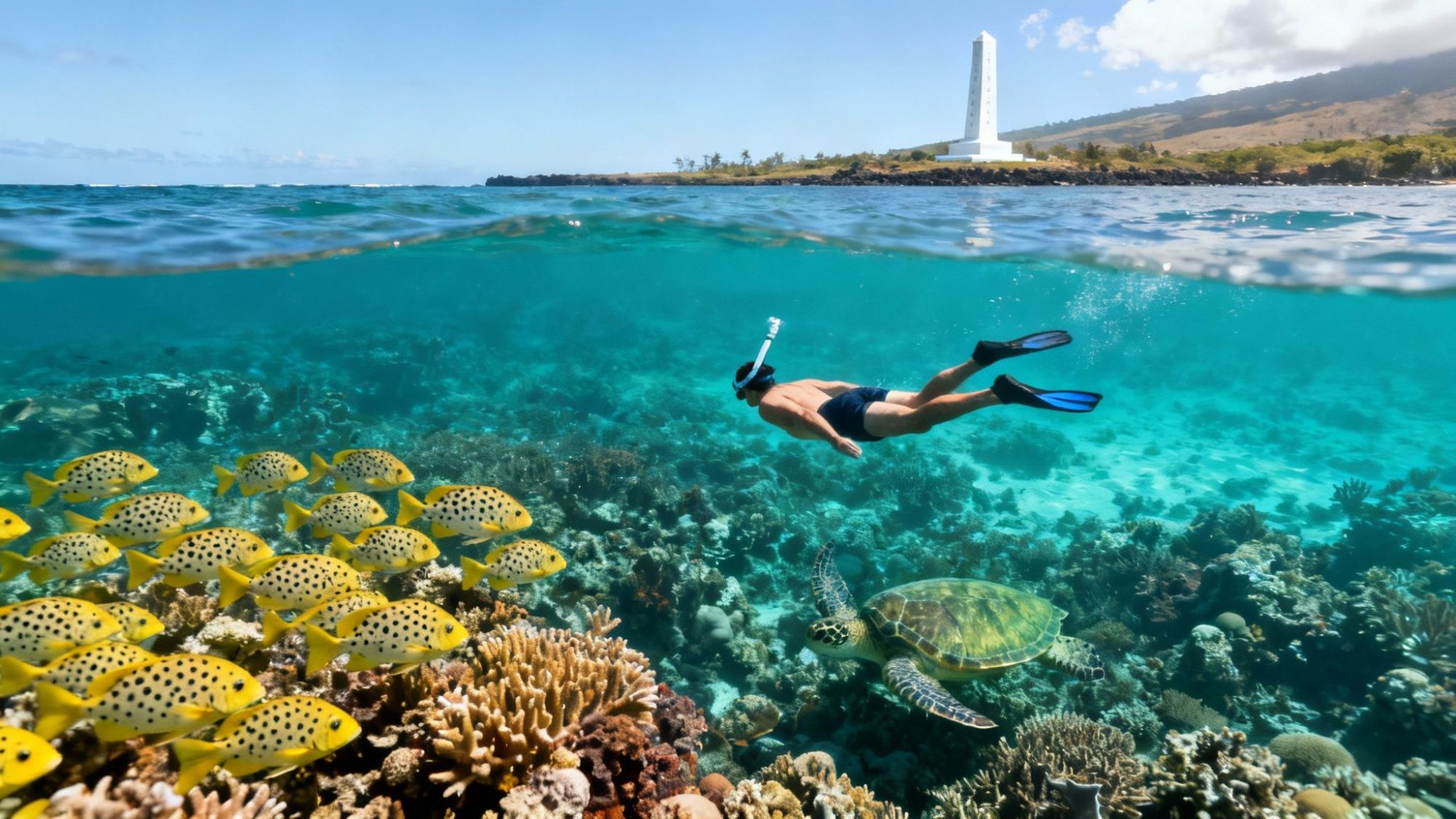 Snorkeler among coral reef with fish and turtle, monument on shore in background.