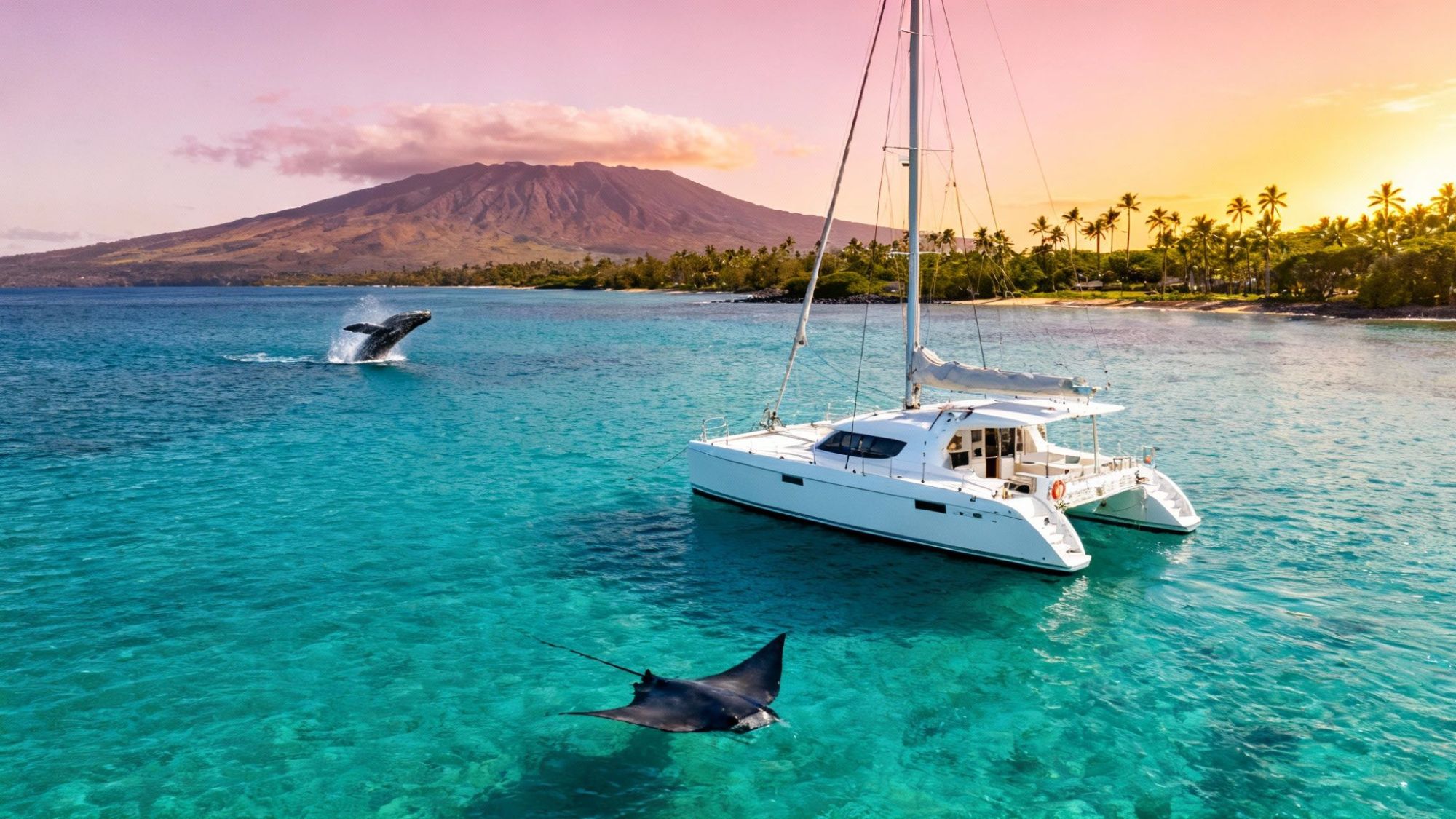 Catamaran on turquoise sea with whale and manta ray, near tropical island.