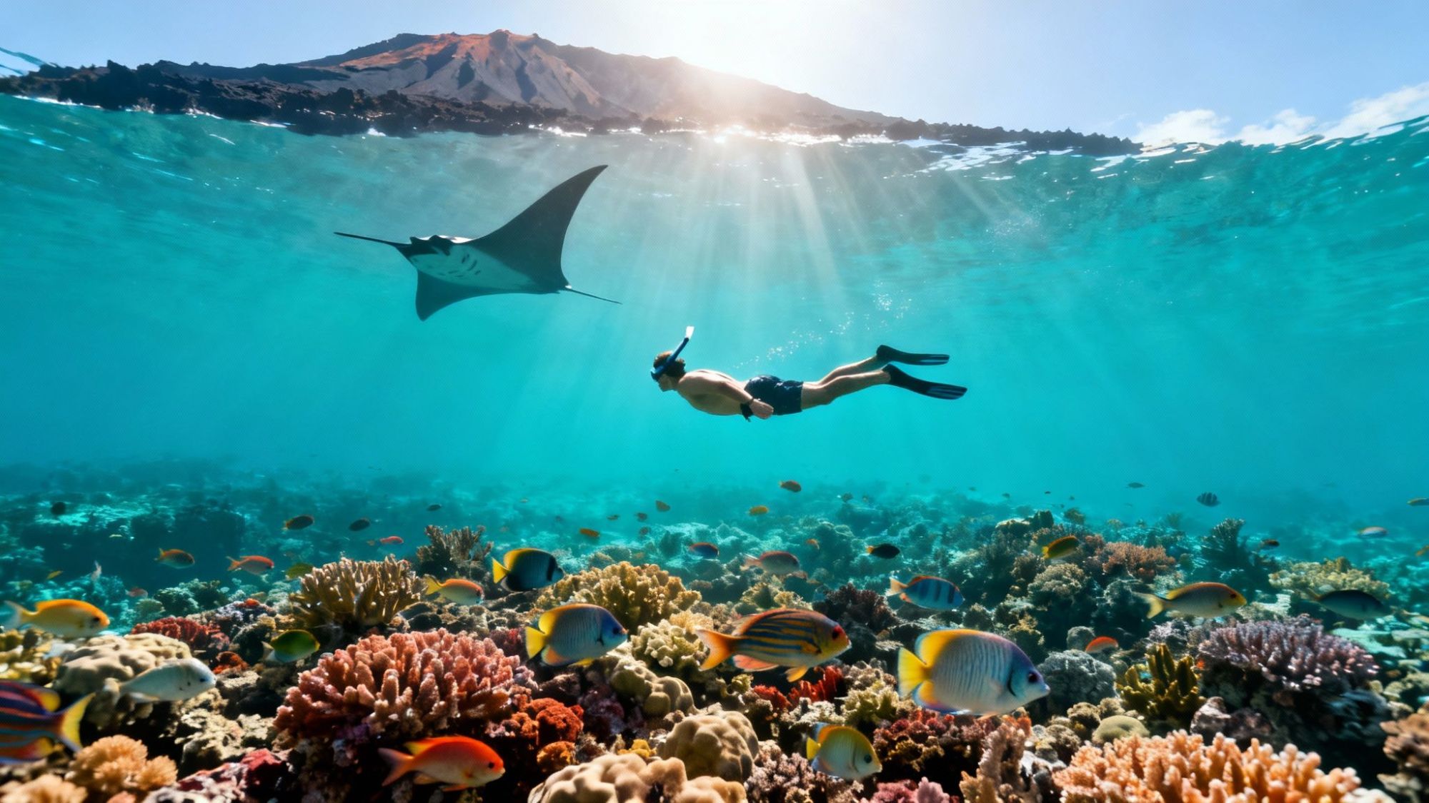 Snorkeler swims near coral reef with colorful fish and a manta ray under clear blue water.