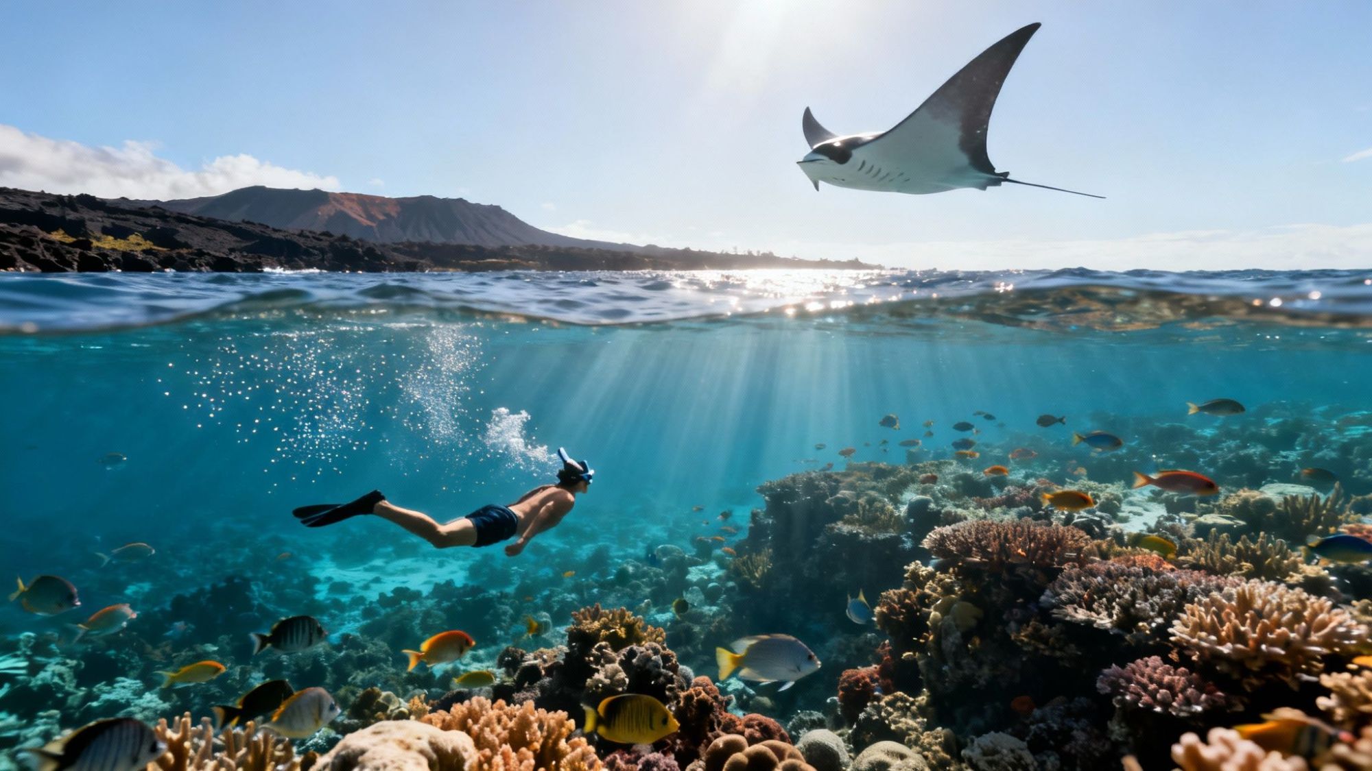Snorkeler exploring coral reef with manta ray above in clear blue water.