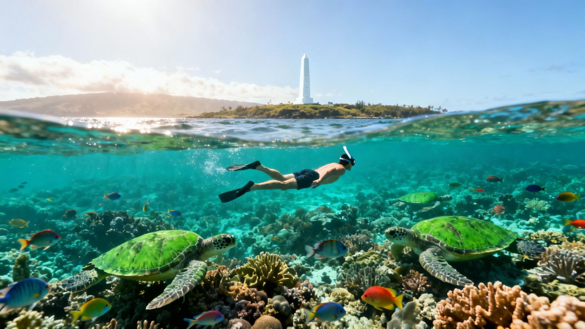 Snorkeler swims above coral reef with turtles near a coastal monument.