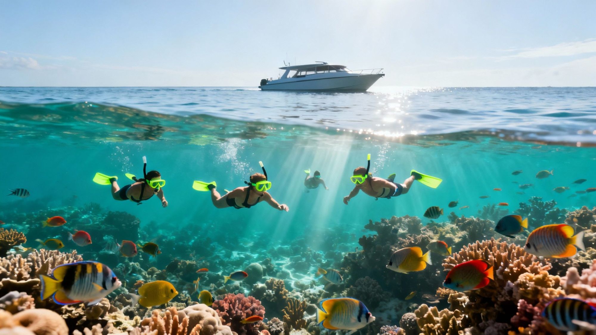 Snorkelers swimming above colorful coral reef with fish, boat above water.