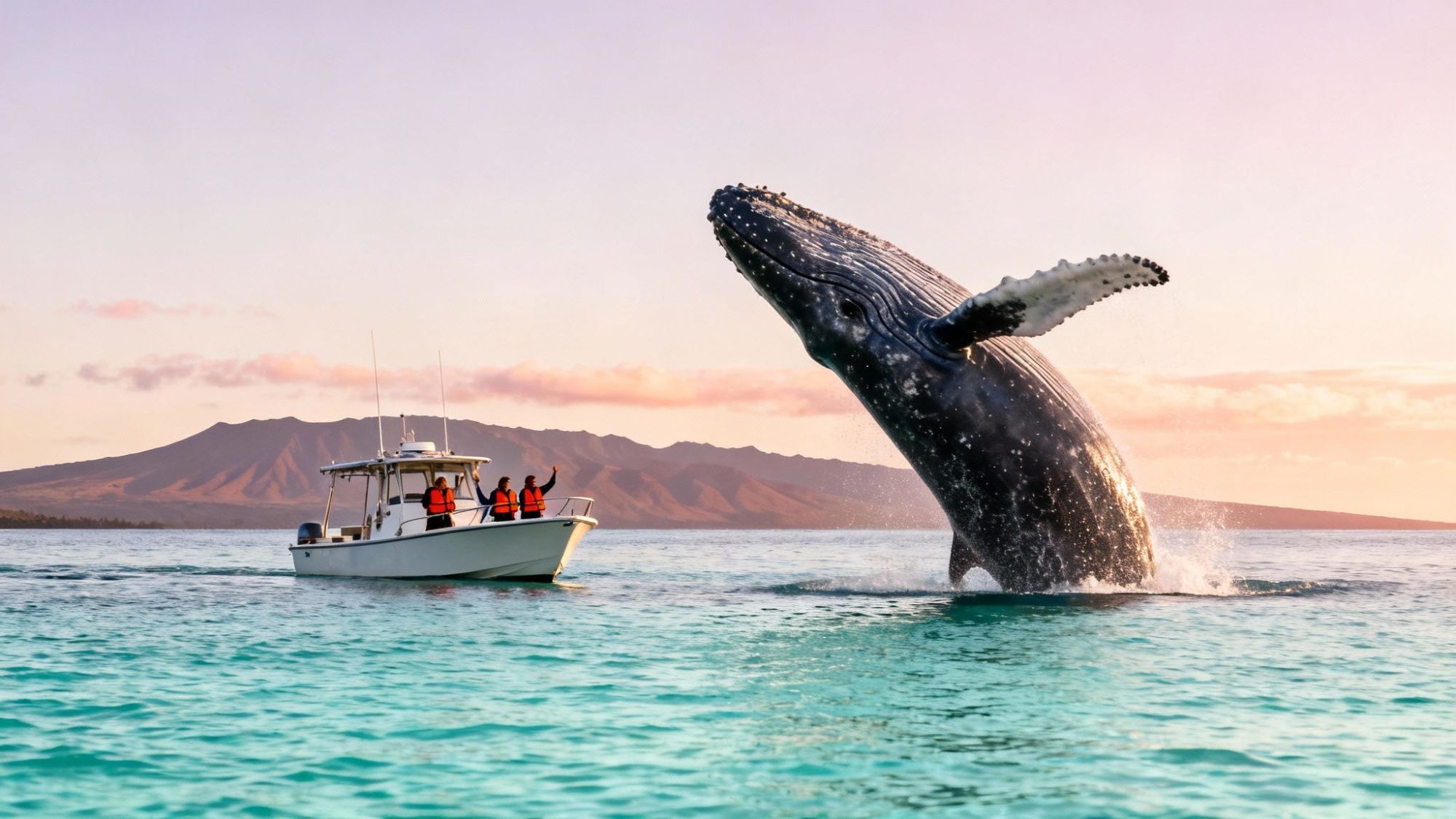 Whale breaching near a boat with people in life jackets, mountain in background at sunset.