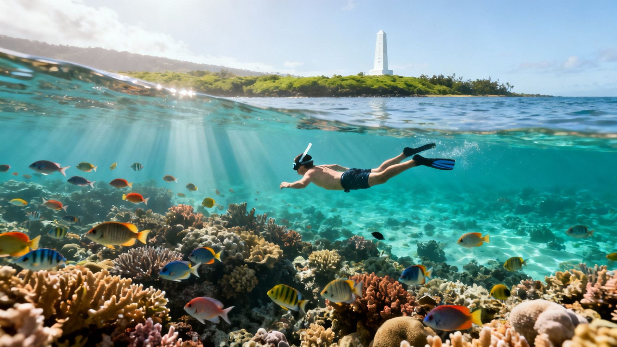 Snorkeler swimming over colorful coral reef with fish, island and tower in background.