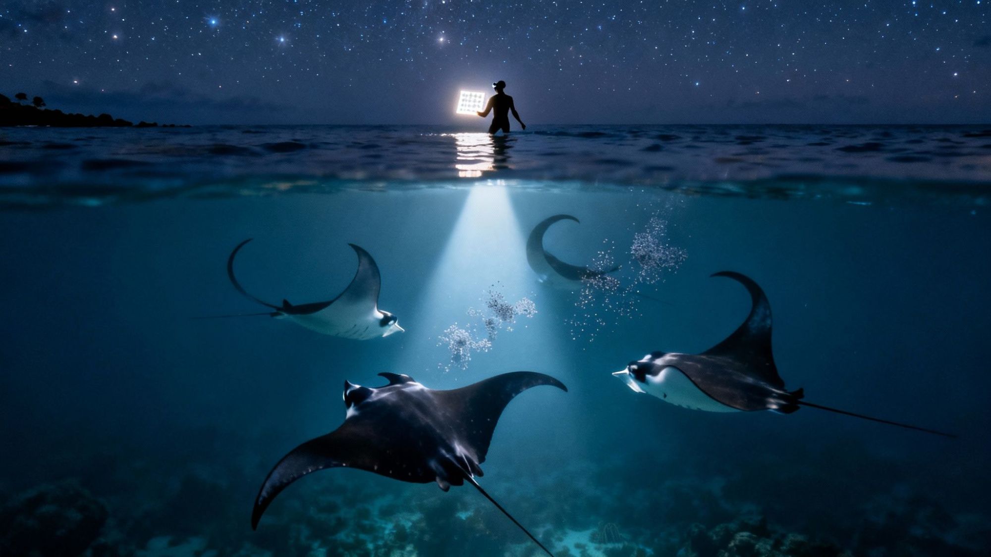 Person holding light on water surface with manta rays swimming below at night.
