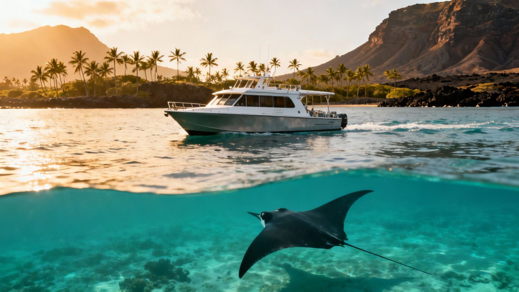 Boat on ocean surface with manta ray swimming below, palm trees and mountains in background.