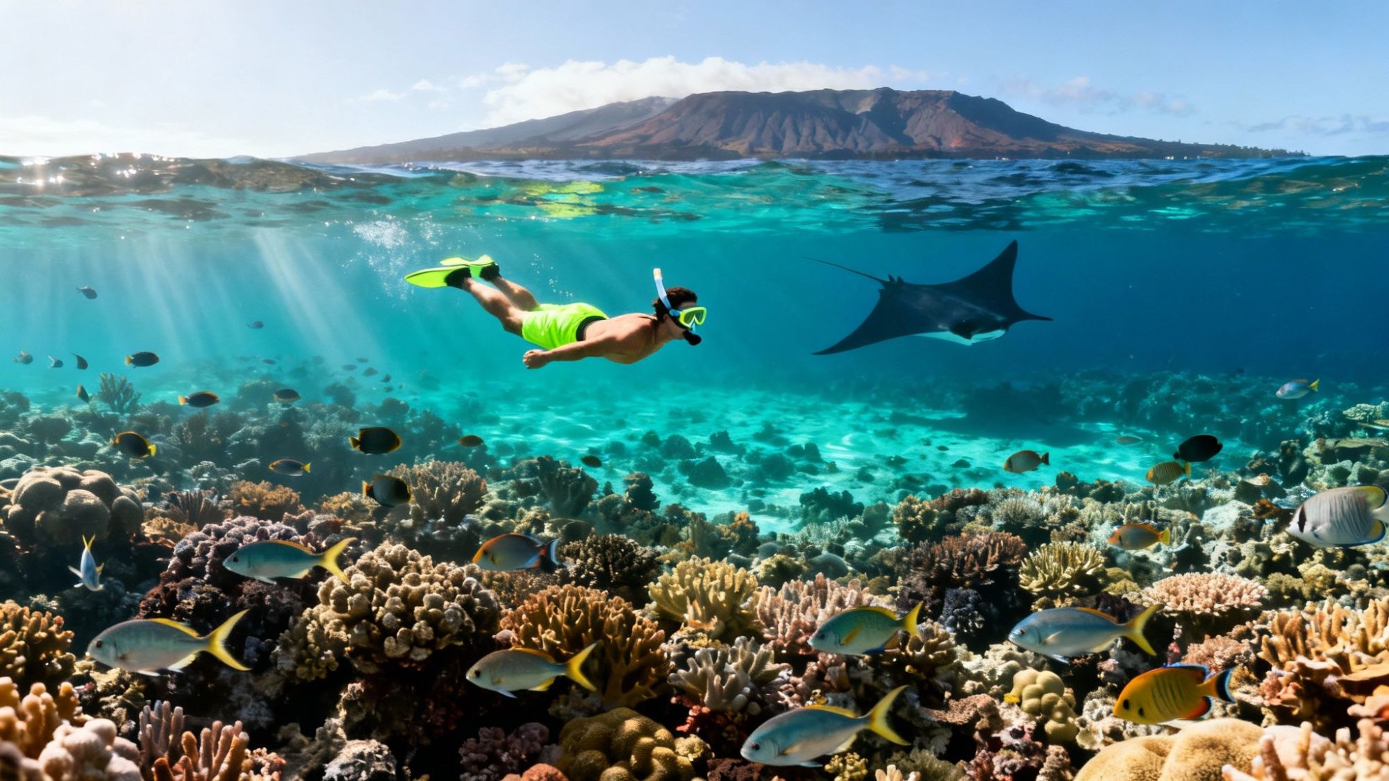 Snorkeler swims over coral reef with fish and manta ray, mountain in background.
