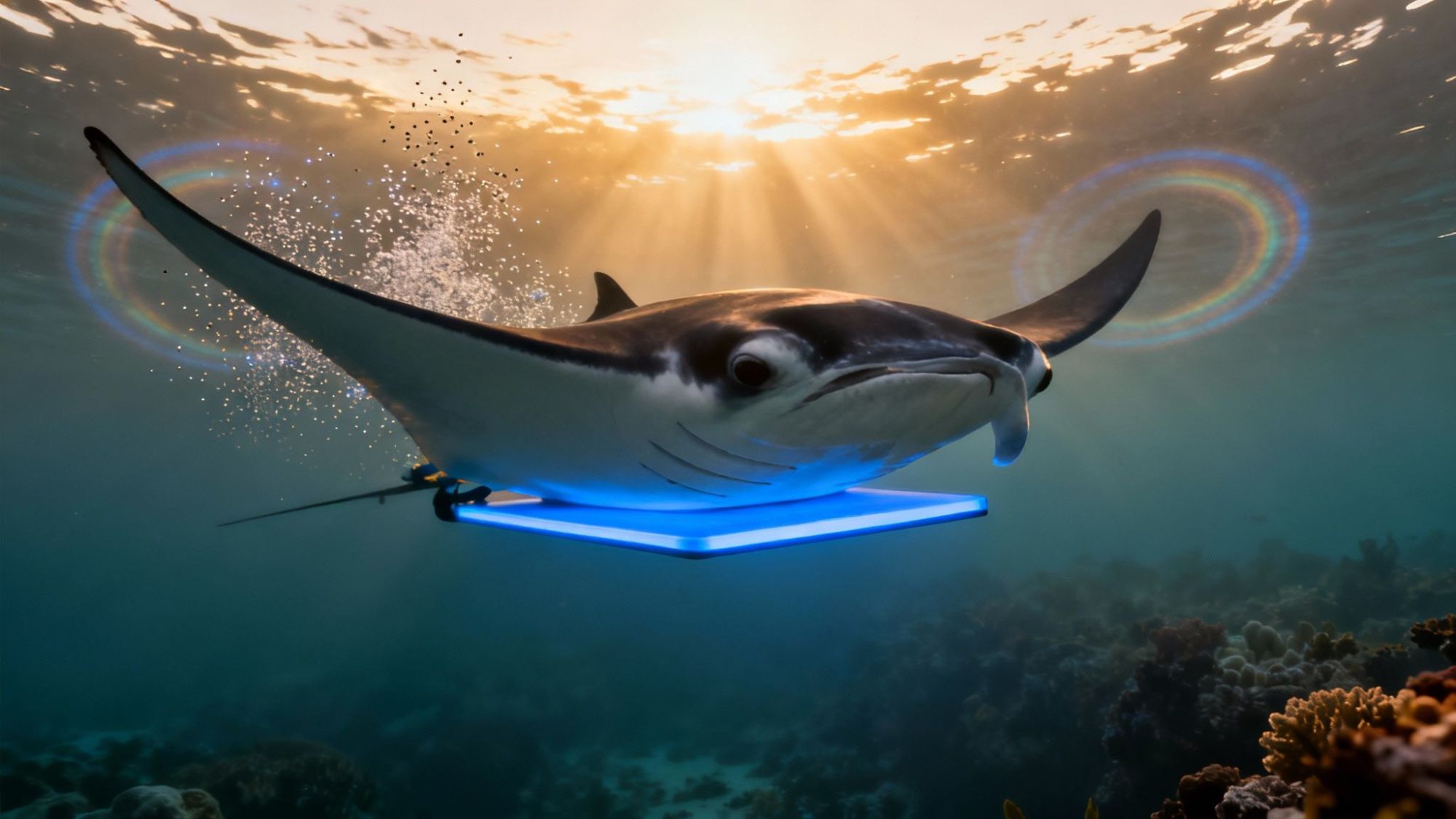 Manta ray with attached device swims underwater with sun rays and coral reef.