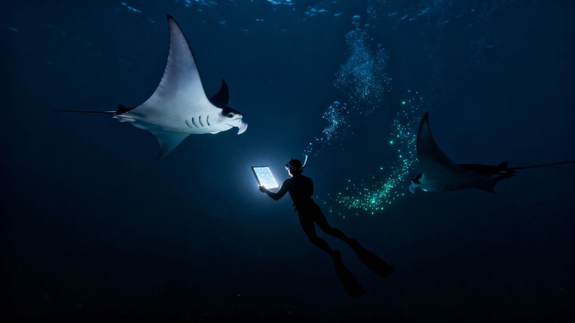Diver holding tablet near two manta rays, surrounded by glowing bubbles in dark water.