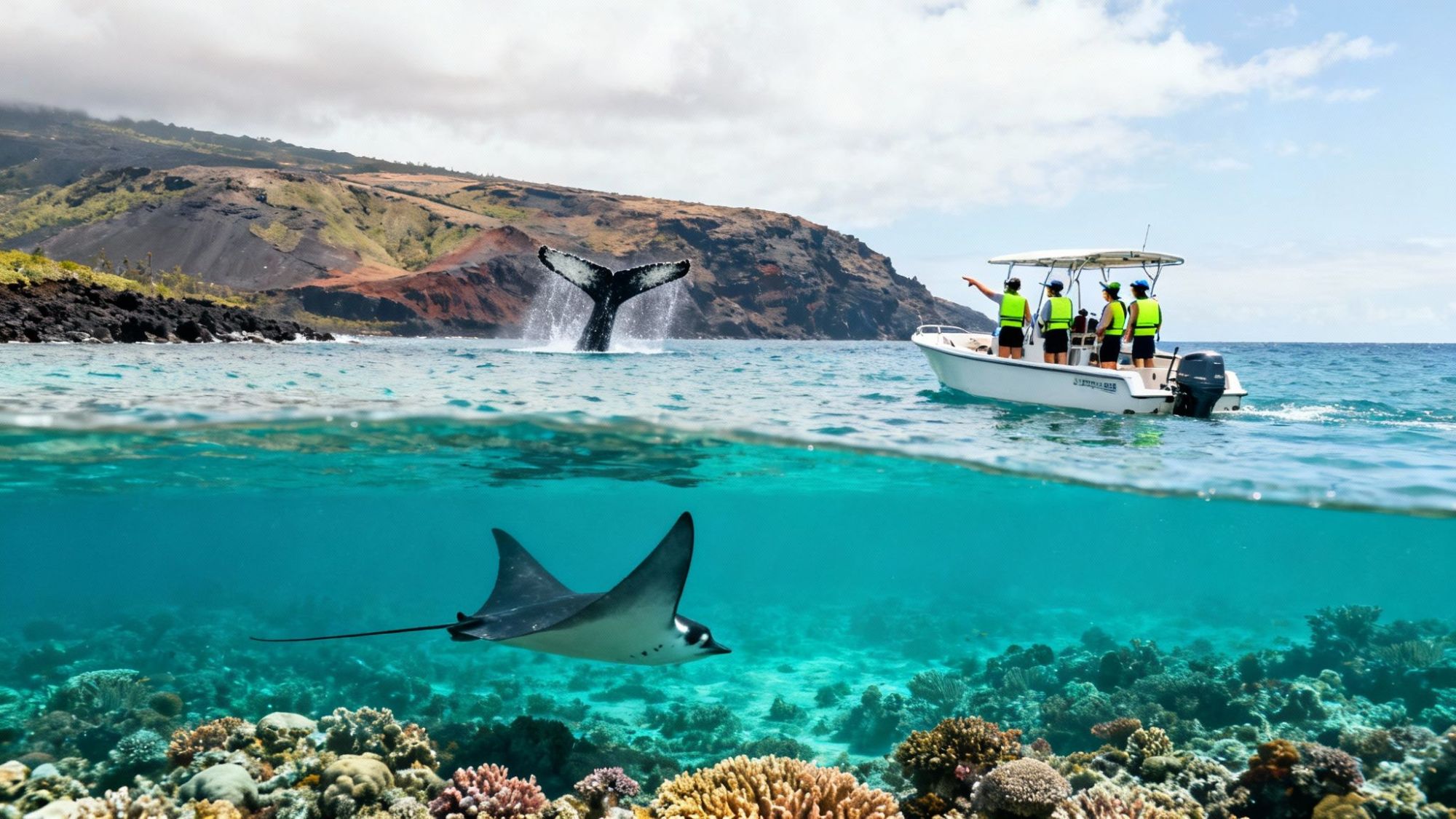 Split view of boat with people above, manta ray underwater, and whale tail in distance against rocky coastline.
