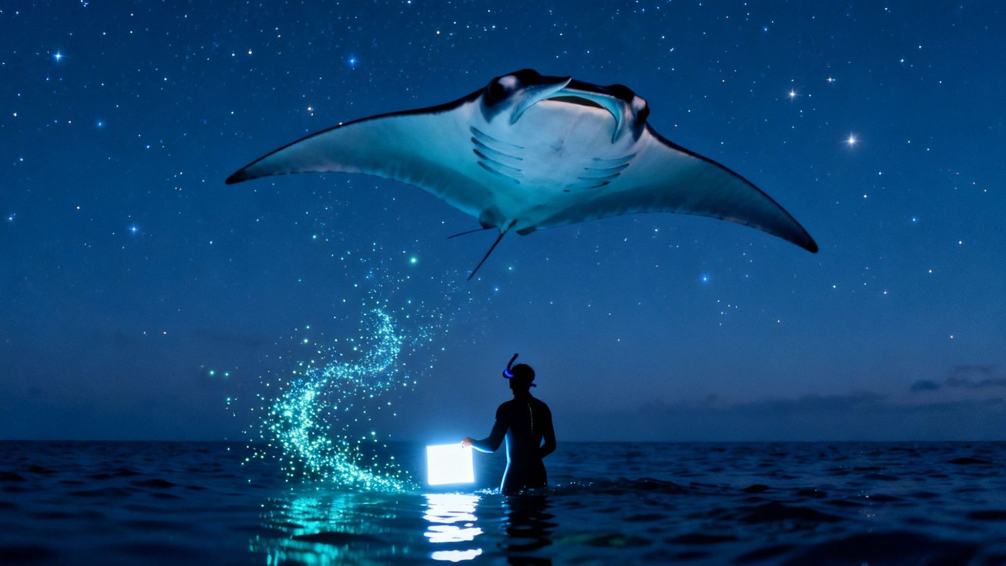 Person wading in ocean at night with glowing light, manta ray above, starry sky backdrop.