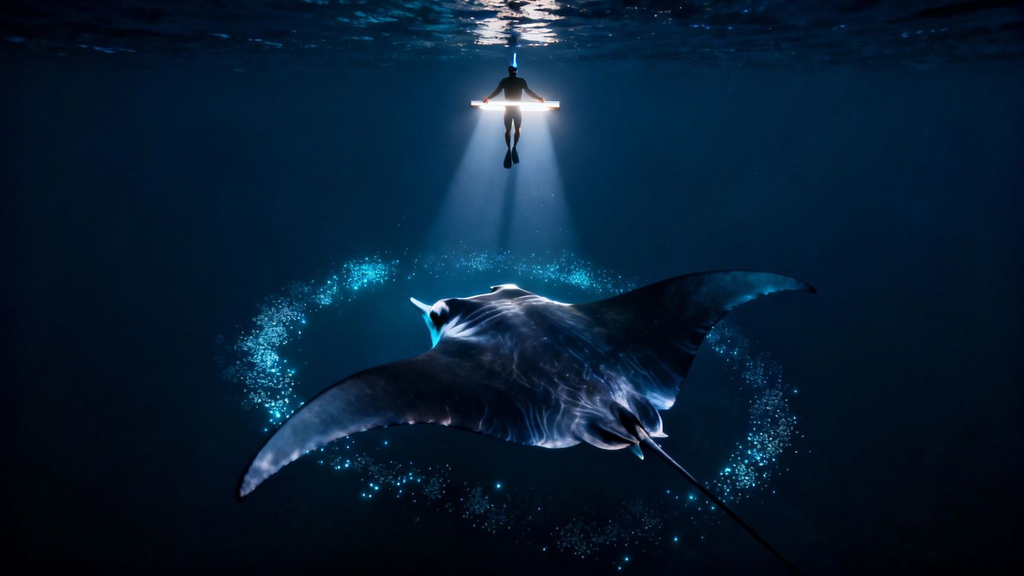 Diver with light above a manta ray swimming in a circle of glowing particles underwater.