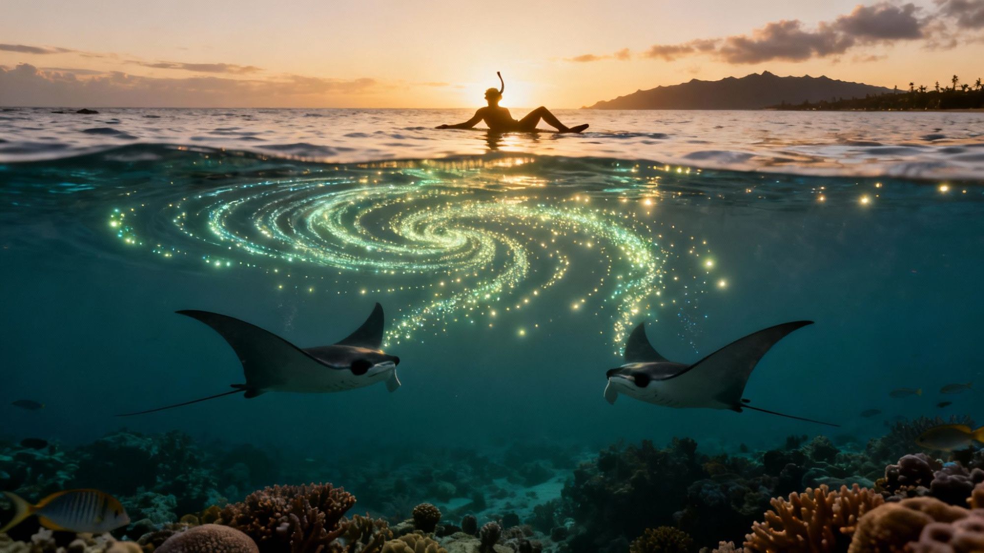 Person snorkeling at sunset with glowing swirl and manta rays underwater.