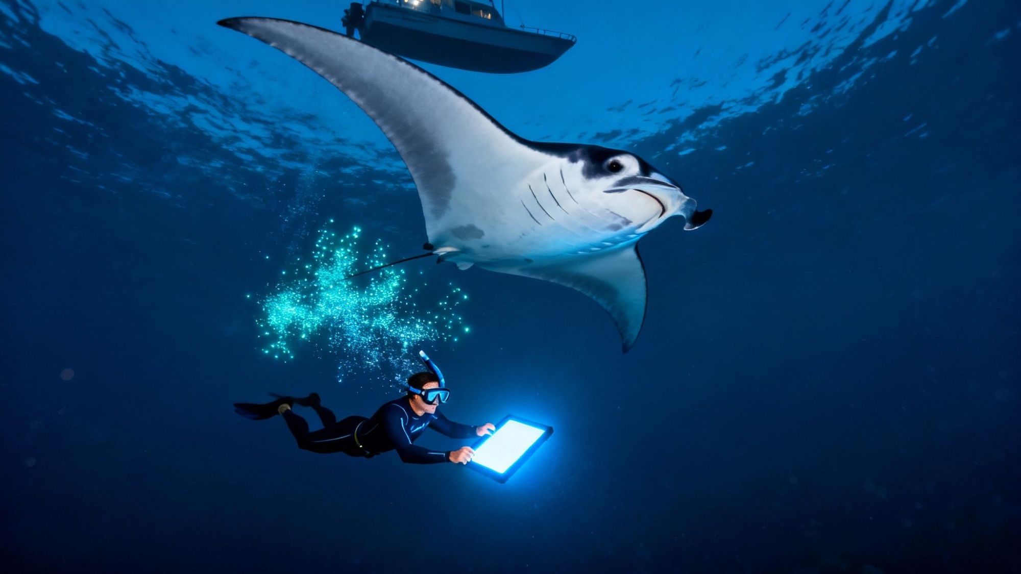 Diver with tablet swimming alongside manta ray under a boat.