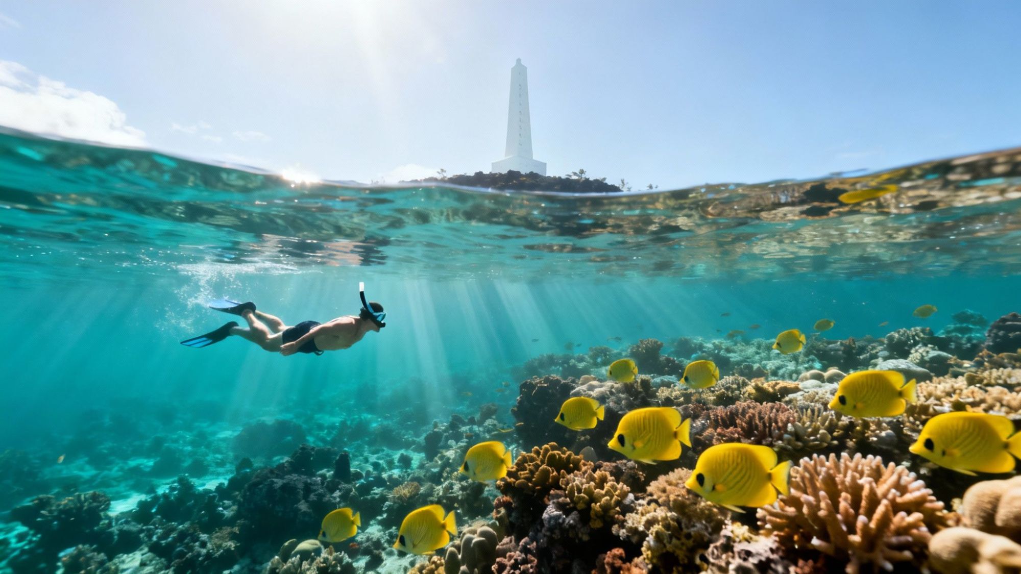 Snorkeler swimming above coral reef with yellow fish and lighthouse in background.