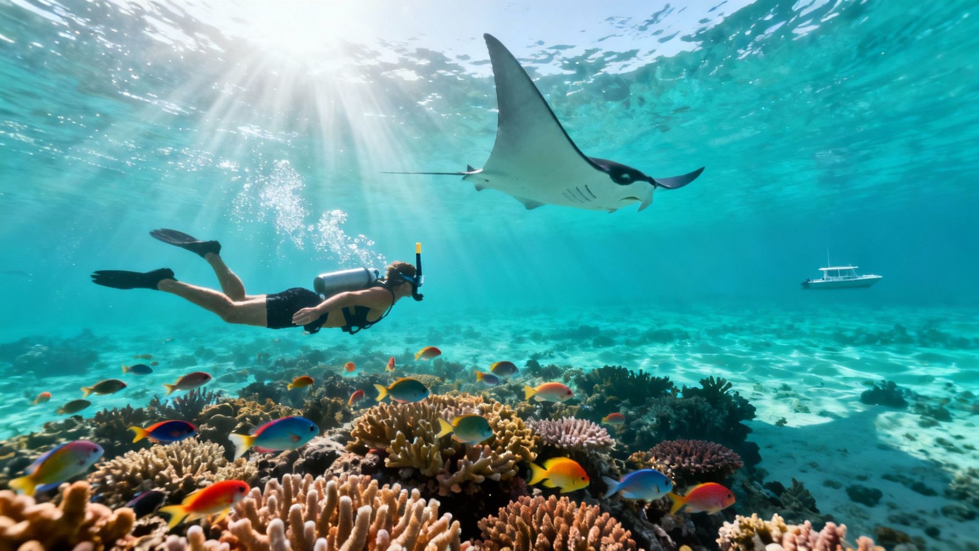 Diver swims near coral reef with colorful fish and a manta ray, under sunlight in clear blue water.